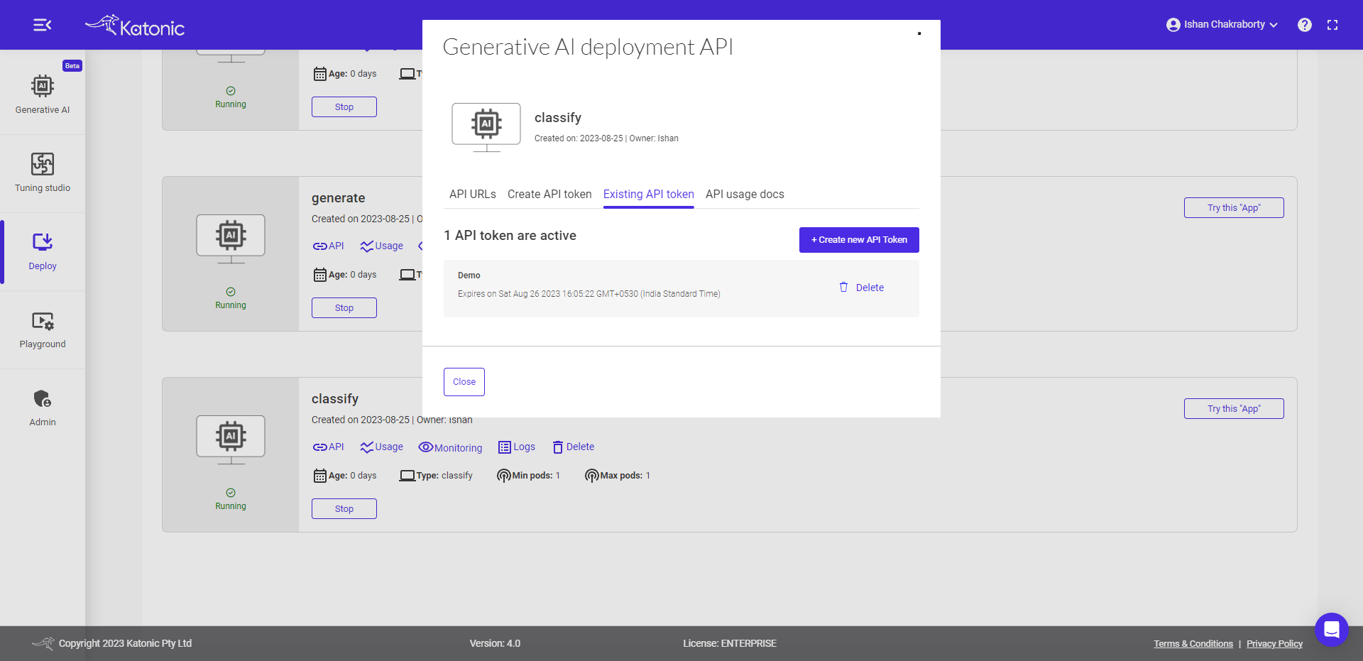 existing api tokens